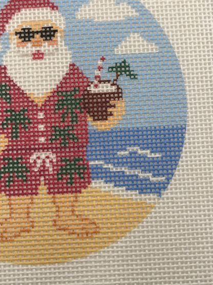 Santa at the Beach- 4 inch Round - 18 mesh - 6 x 6 - Needlepoint Canvas