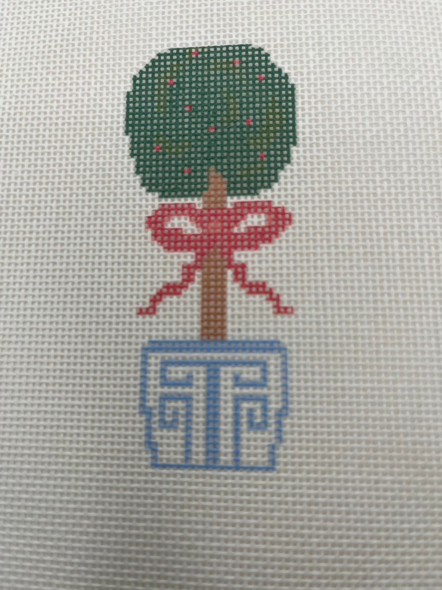 Topiary w Red Bow - 18 mesh - 7 x 7 - Needlepoint Canvas