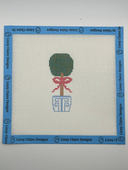 Topiary w Red Bow - 18 mesh - 7 x 7 - Needlepoint Canvas