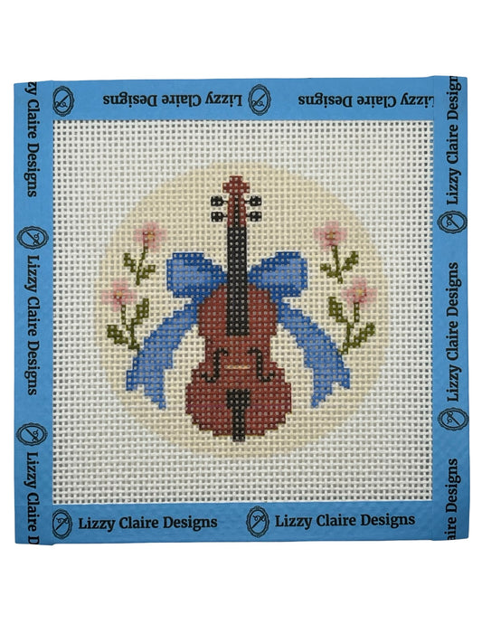 Viol with bow and flowers - 13 mesh - 4 inch Round - 6 x 6 - Needlepoint Canvas