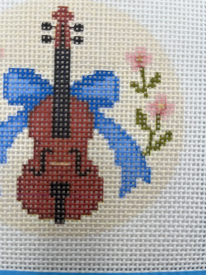 Viol with bow and flowers - 13 mesh - 4 inch Round - 6 x 6 - Needlepoint Canvas