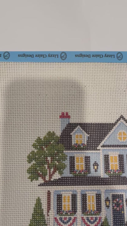 Lizzy Claire's Happy Neighborhood Patriotic House - 13 mesh - 12 x 12 - Needlepoint Canvas