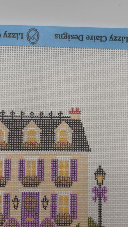Lizzy Claire's Happy Neighborhood Trick or Treat Townhouse (Purple Shutters)- 18 mesh - 8 x 8 - Needlepoint Canvas