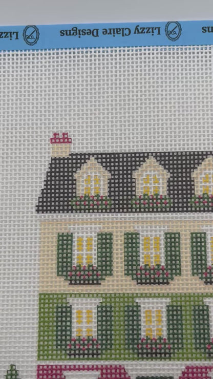 Lizzy Claire's Happy Neighborhood Christmas Townhouse - 13 mesh - 12 x 12 - Needlepoint Canvas