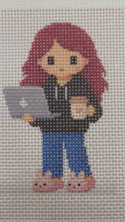 Lizzy Claire with Laptop & Slippers - 13 mesh - 6 x 6 - Needlepoint Canvas
