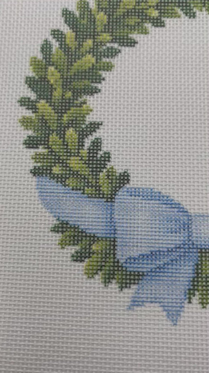 Boxwood Wreath with Bow - 18 mesh - 5 5/8" Round - 8 x8 - Needlepoint Canvas
