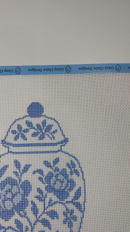 Large Blue and White Chinoiserie Ginger Jar - 13 mesh - 12 x 12 - Needlepoint Canvas