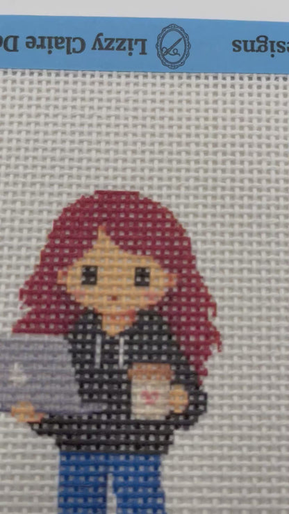 Lizzy Claire with Laptop & Slippers - 13 mesh - 6 x 6 - Needlepoint Canvas
