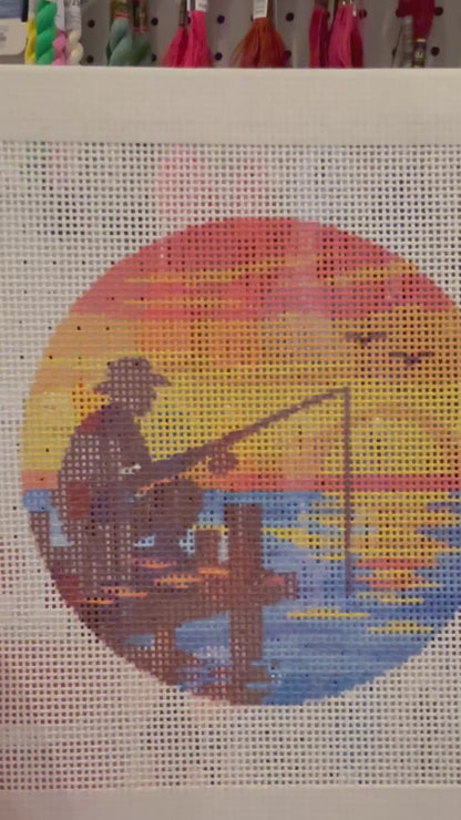 Fishing at Sunset - 18 mesh - 4 inch Round - 6 x 6 - Needlepoint Canvas