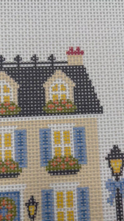 Lizzy Claire's Happy Neighborhood Trick or Treat Townhouse (Blue Shutters)- 13 mesh - 10 x 10 - Needlepoint Canvas
