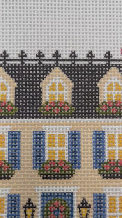 Lizzy Claire's Happy Neighborhood Trick or Treat Townhouse (Blue Shutters)- 13 mesh - 10 x 10 - Needlepoint Canvas