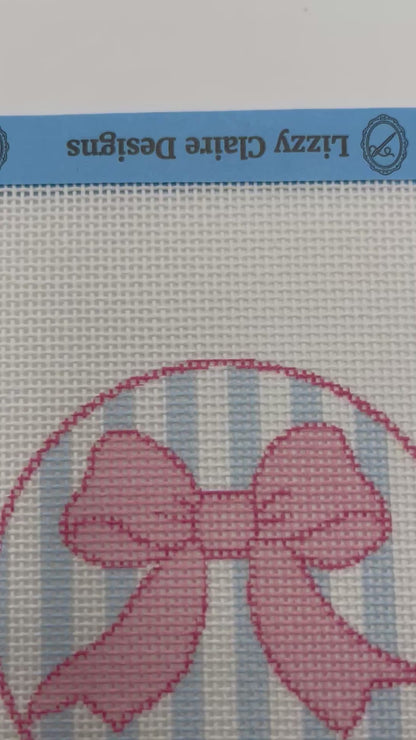 Pink Bow on Light Blue Striped Background - 18 mesh - 6 x 6 - Needlepoint Canvas