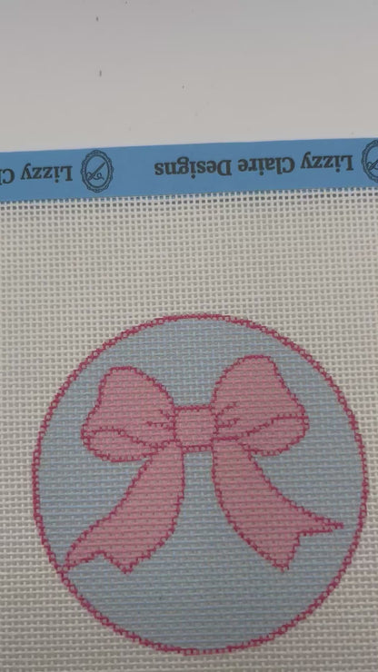 Pink Bow on Light Blue Background - 18 mesh - 6 x 6 - Needlepoint Canvas