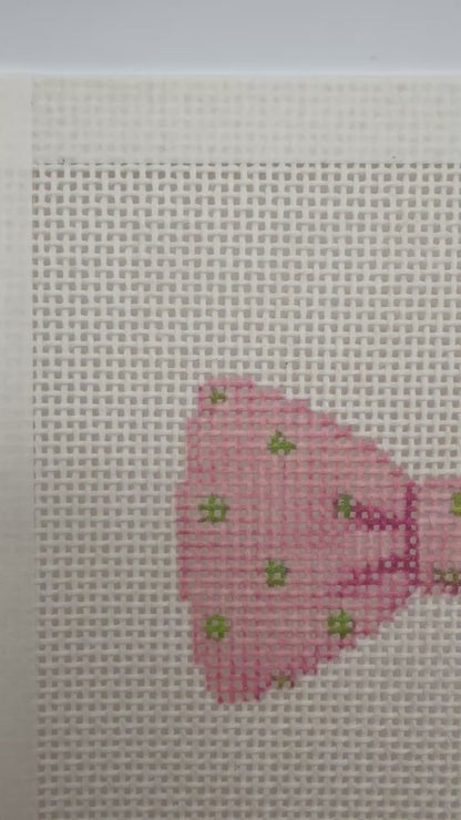 Pink Bowtie with Green Dots - 13 mesh - 6 x 6 - Needlepoint Canvas